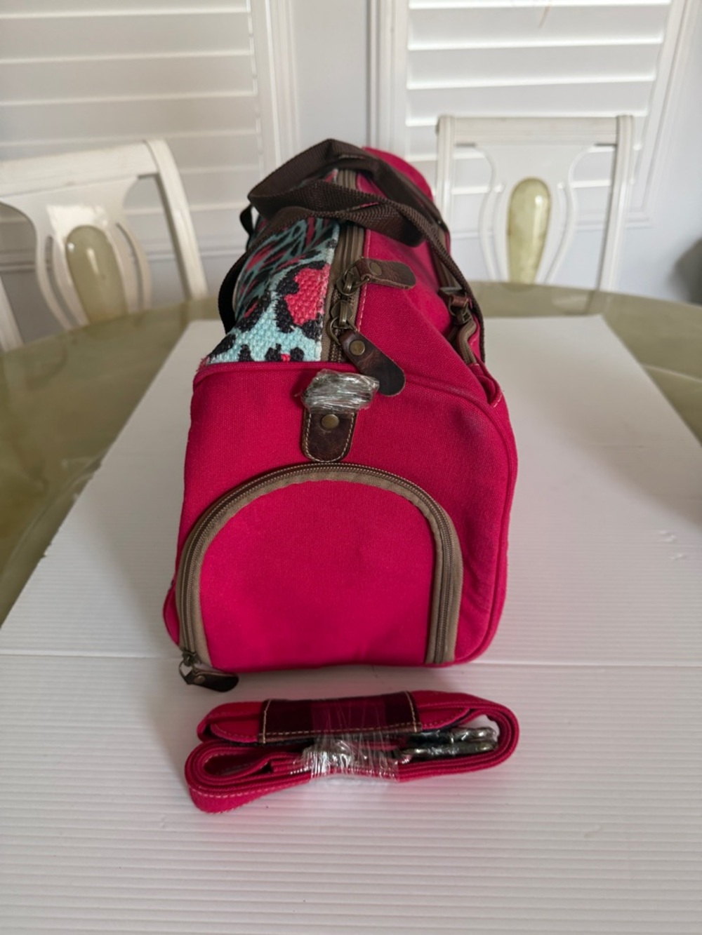 Sixtease Up-cycled Canvas Duffle Bag Leopard Print Adjustable Shoulder Strap - Picture 3 of 11